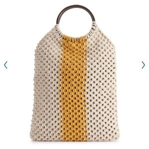 Sam Edelman-Circus-cream thick rope crochet tote mustard stripe wood handles NWT